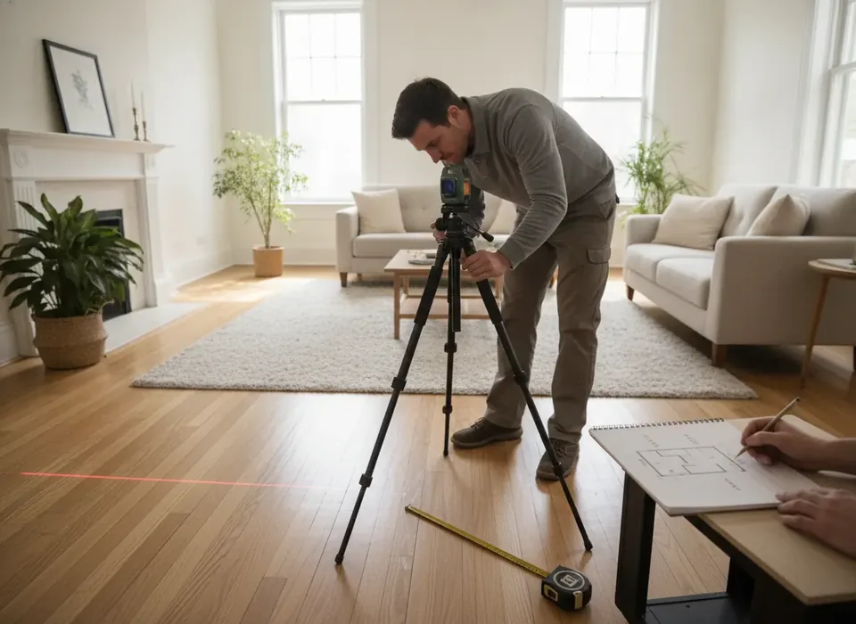 Laser level measuring floor elevation during a foundation inspection