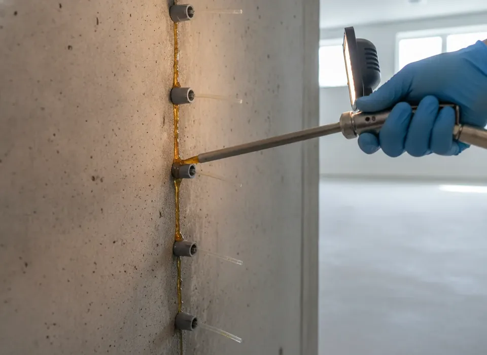 Epoxy injection ports along a crack in a poured concrete wall