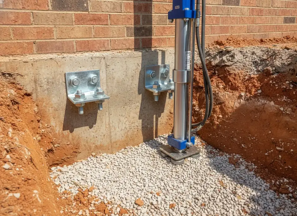 Steel pier bracket attached to a footing beside a brick home