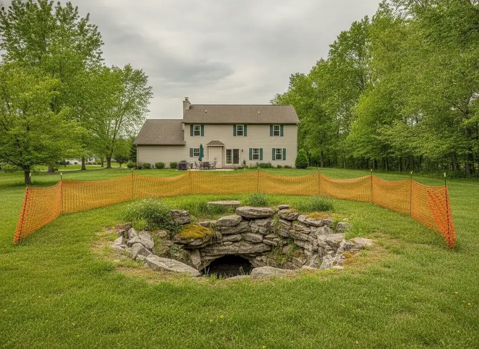 Small fenced sinkhole in a backyard in Kentucky karst country