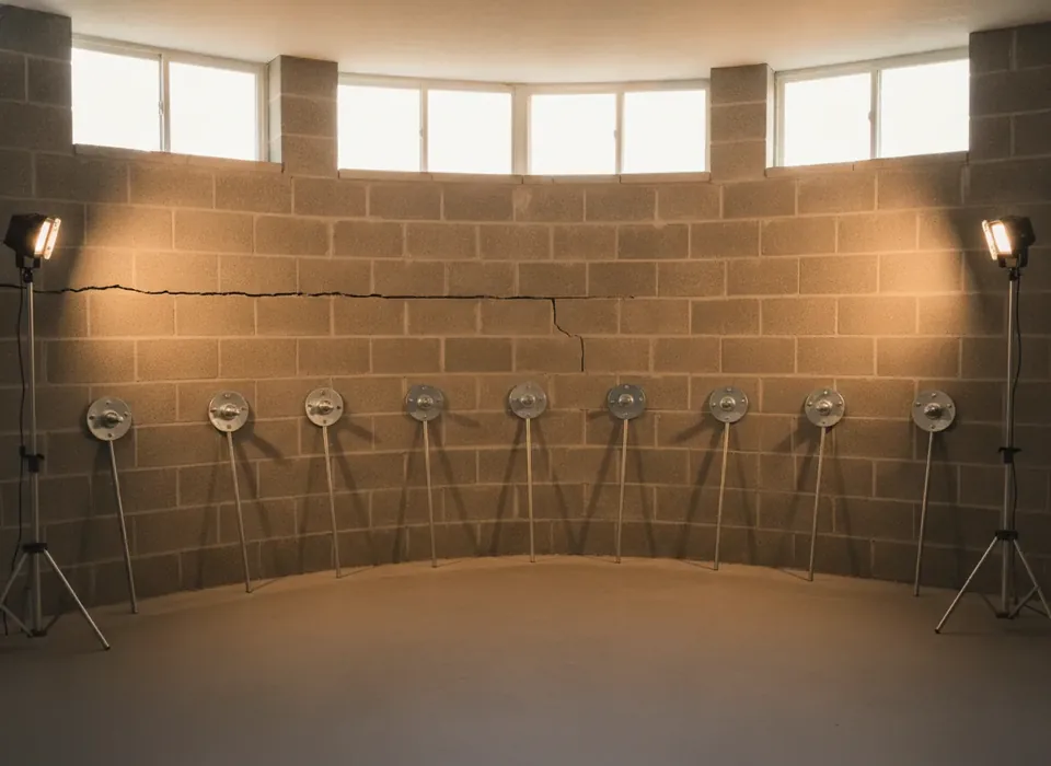 Wall anchor plates on a bowing concrete block basement wall