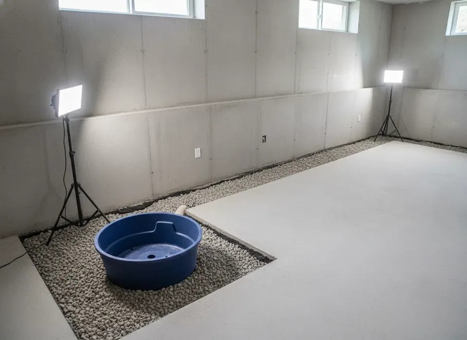 Interior perimeter drain and sump basin along a basement wall
